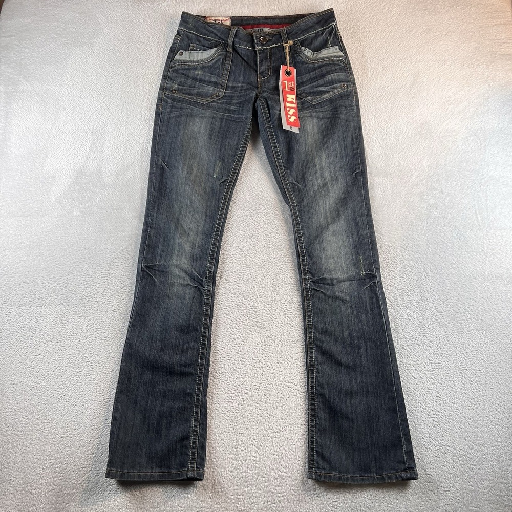 VTG 1st Kiss Bootcut Jeans Womens 5 Blue Dark Wash Distressed Y2K NWT